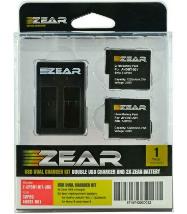 ZEAR KIT 2 BATERIAS + CARGADOR DOBLE GOPRO AHDBT-501, AABAT-001 HERO5 / HERO6 